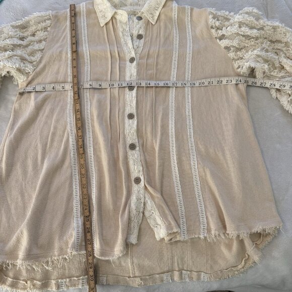 POL Anthropologie Oversized Shirt Women L Lace Long Balloon Sleeve Button Pearl - Picture 8 of 9